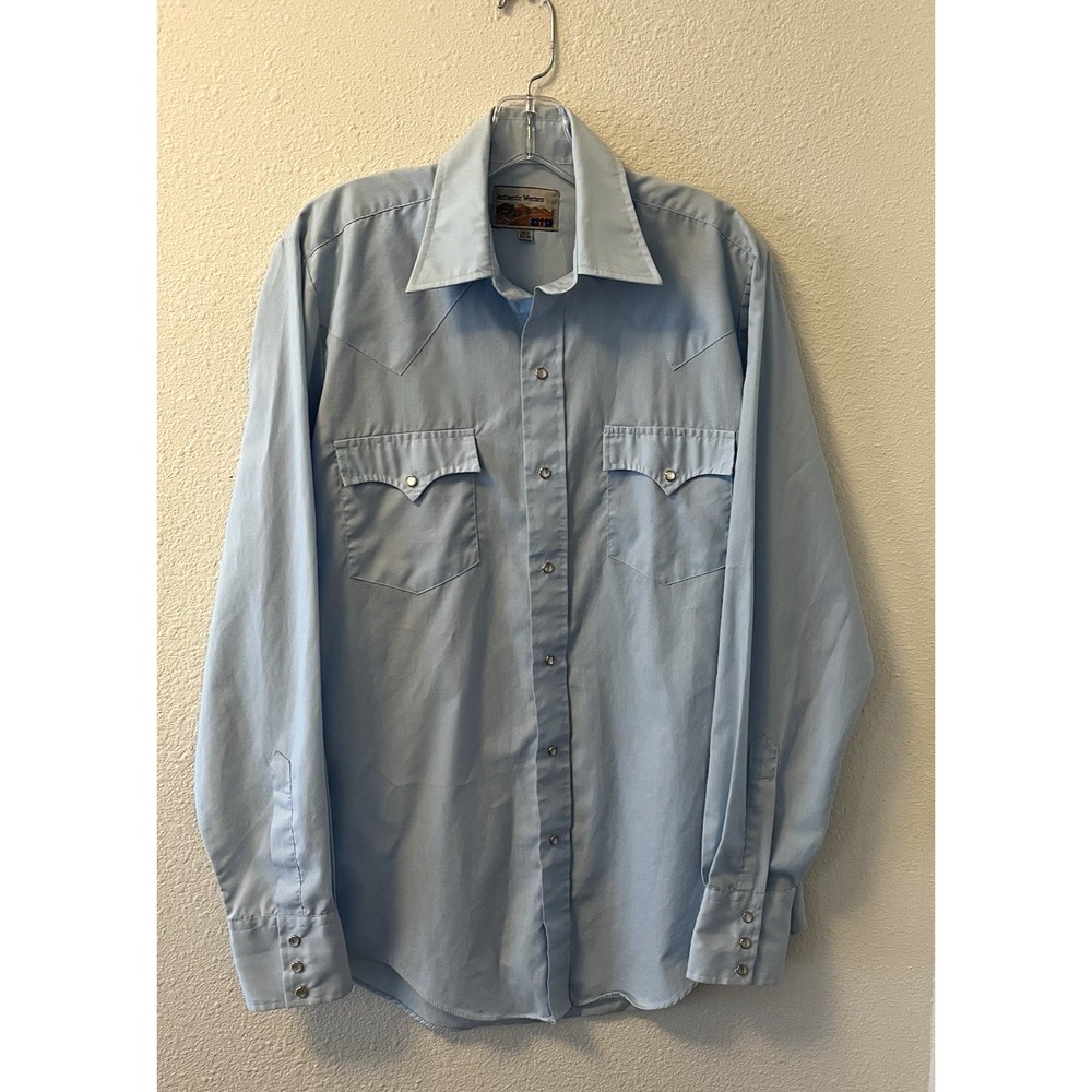Vintage Authentic Western Pearl Snap Shirt Men's Size 34/35 (L) Baby Blue Cowboy